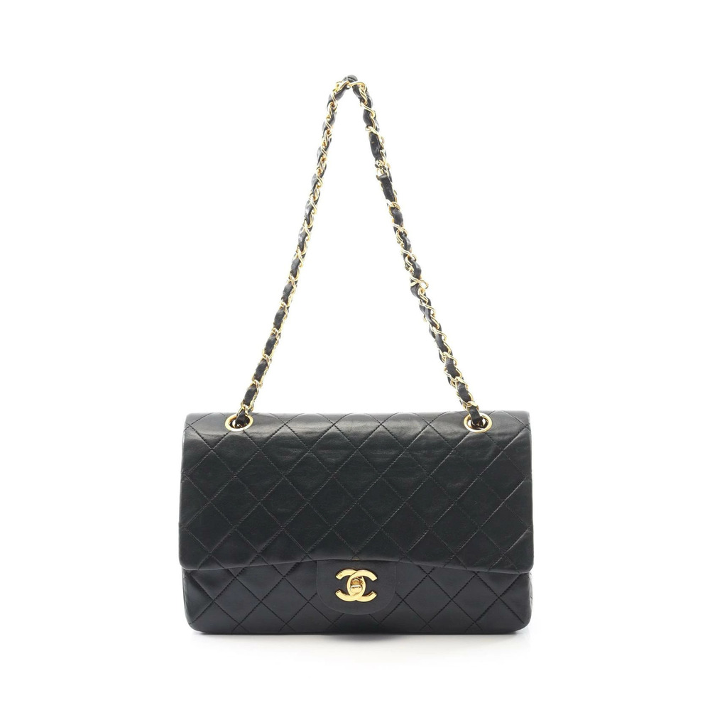 Chanel Matelasse Double Flap Shoulder Bag Lambskin Sheepskin Black